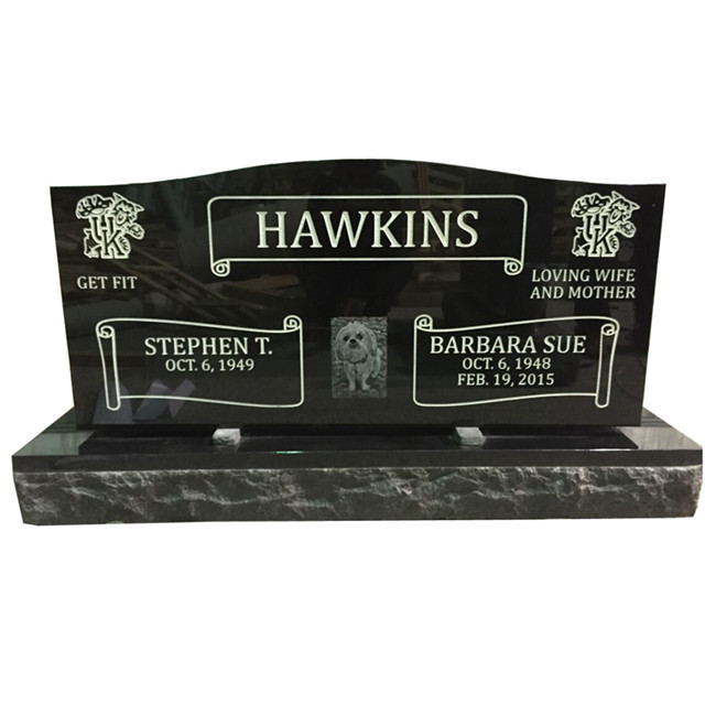 black Memorial Headstone Monument  gravestone with butterfly design and carved flowers