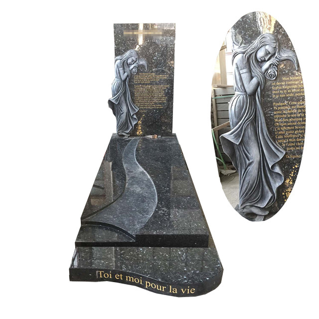 high polished blue pearl granite tombstone  headstones monument  pierre tombale with weeping women statue and cover and base