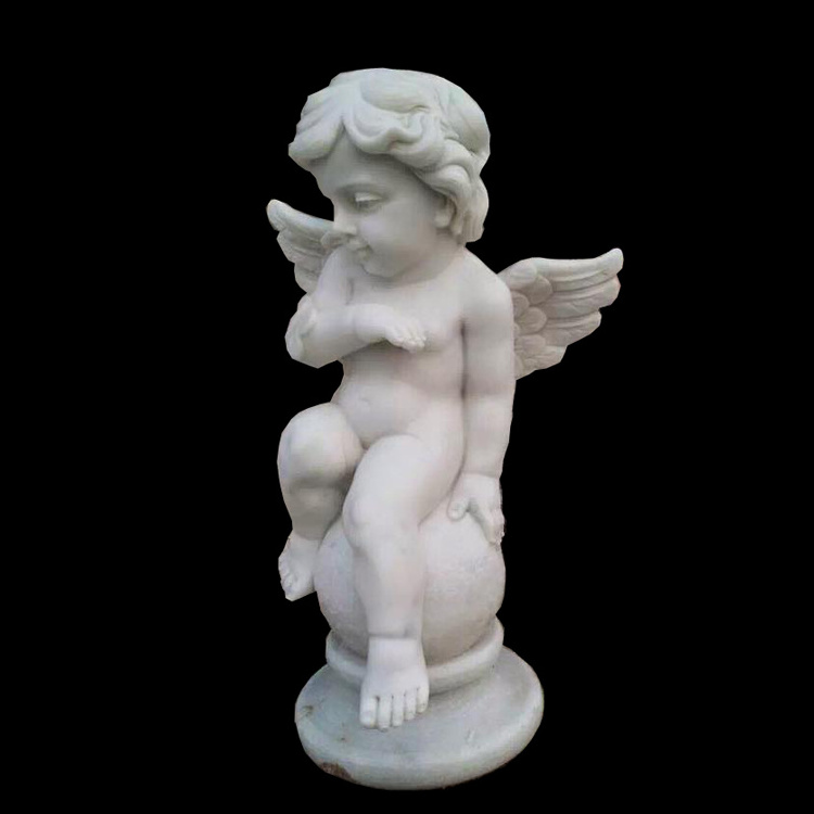 Life Size High Polished White Marble Winged Indoor Garden Little Angel Carving Statue angel wing statue