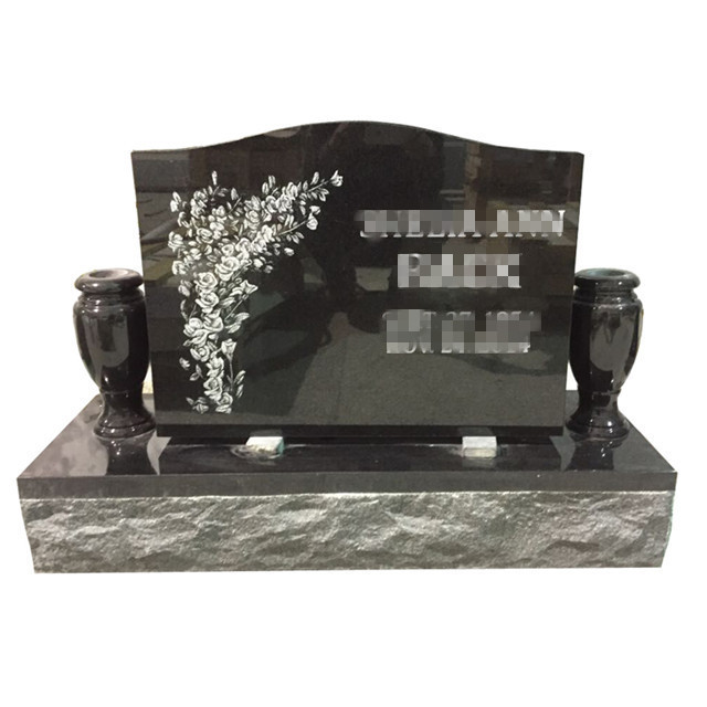 black Memorial Headstone Monument  gravestone with butterfly design and carved flowers