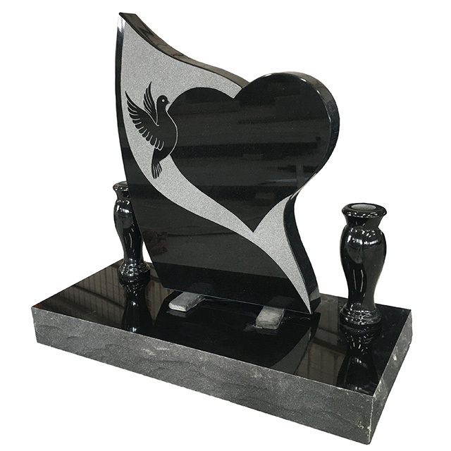 High Polishing Heart Shape Shanxi Black Granite Monument Meorial Stone Headstone with Double Vases