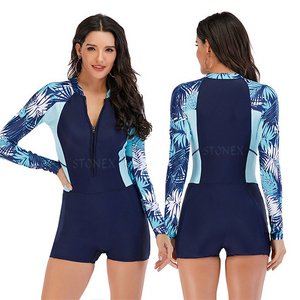 Custom Printed Flat Surf Bathing Suit Women One Piece Long Sleeve Rash Guard Breathable Surfing Zipper Suit Swimsuit Beachwear