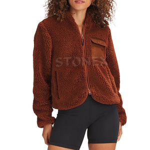 Sherpa Bomber For Women's Casual Winter Chest Pocket Elastic Hem And Cuffs Fleece Jackets