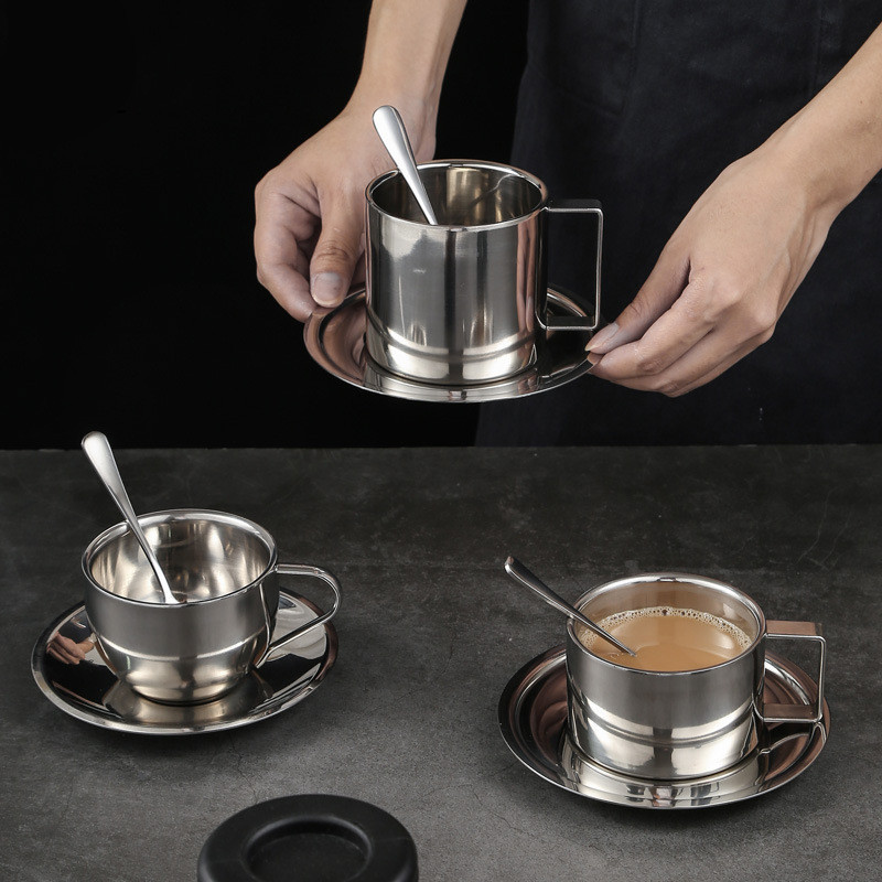 Nordic Double Wall Stainless Steel Coffee Cup And Saucer Coffee Cup Set