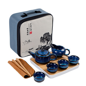 Portable Kiln Change Blue Glaze Kungfu Ceramic Tea Cup Set With Infuser Tea Pot