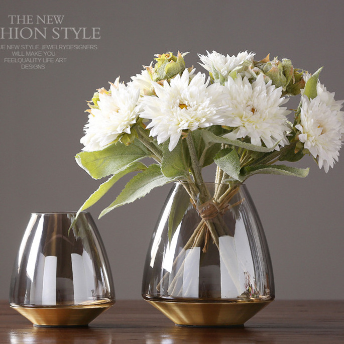 Nordic Luxury Transparent Grey Glass Vase With Golden Rim And Golden Tray Living Room Flower Arrangements