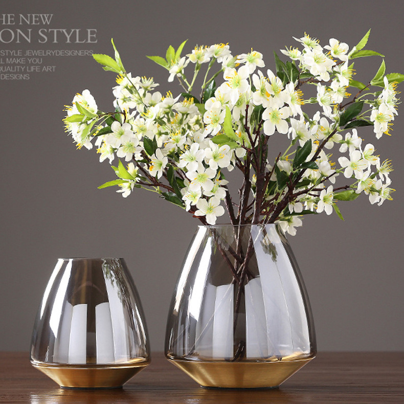 Nordic Luxury Transparent Grey Glass Vase With Golden Rim And Golden Tray Living Room Flower Arrangements