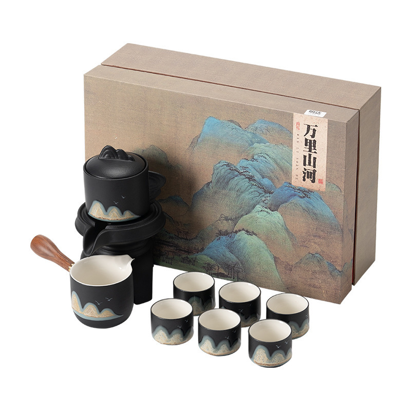 Hand-Painted Yuanshan Semi-Automatic Tea Set 1 Pot 6 Cups Home Tea Gift Packaging