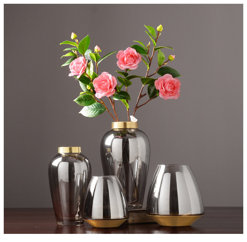 Nordic Luxury Transparent Grey Glass Vase With Golden Rim And Golden Tray Living Room Flower Arrangements