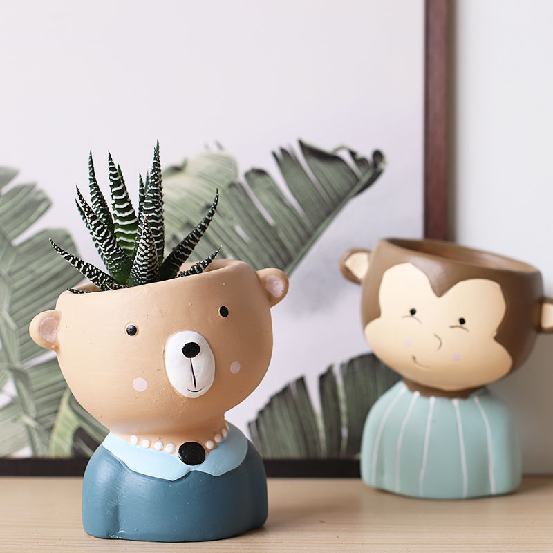 Cartoon Bear Tilted Head Doll Painted Ceramic Succulent Plant Small Pot Indoor Home Decoration