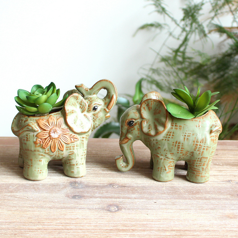 American Pastoral Style Ceramic Baby Elephant Succulent Flower Pot For Home Garden Decor