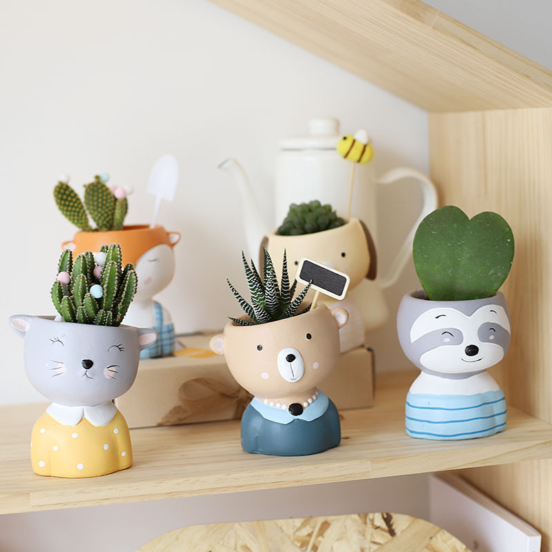 Cartoon Bear Tilted Head Doll Painted Ceramic Succulent Plant Small Pot Indoor Home Decoration