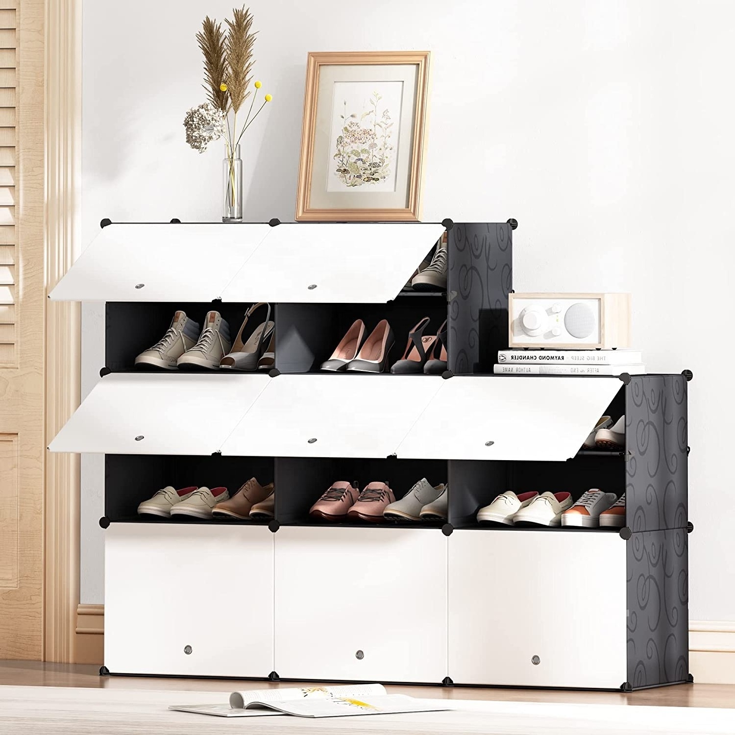 Simple color DIY plastic 2 columns and 7 layers shoes rack adjustable cube shoe storage with doors