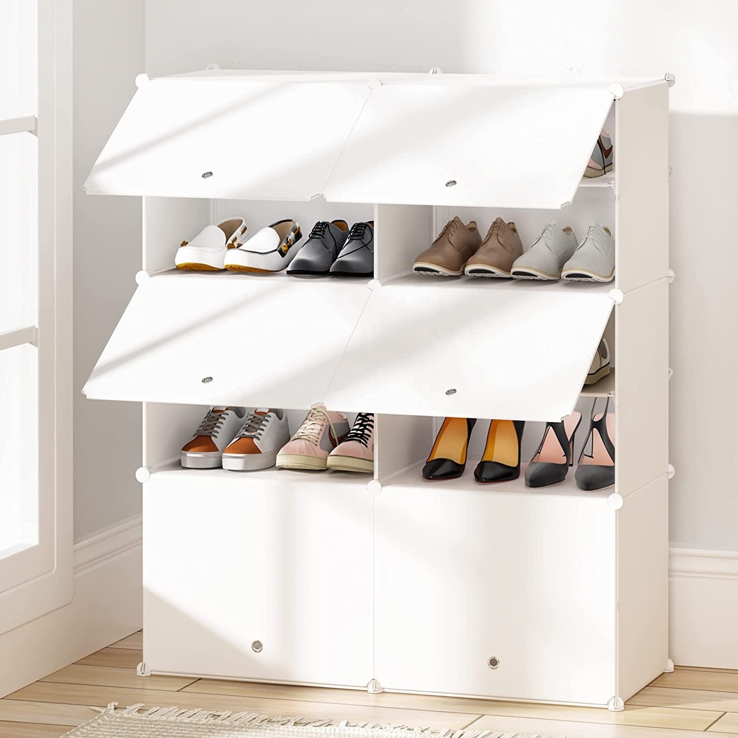 Simple color DIY plastic 2 columns and 7 layers shoes rack adjustable cube shoe storage with doors