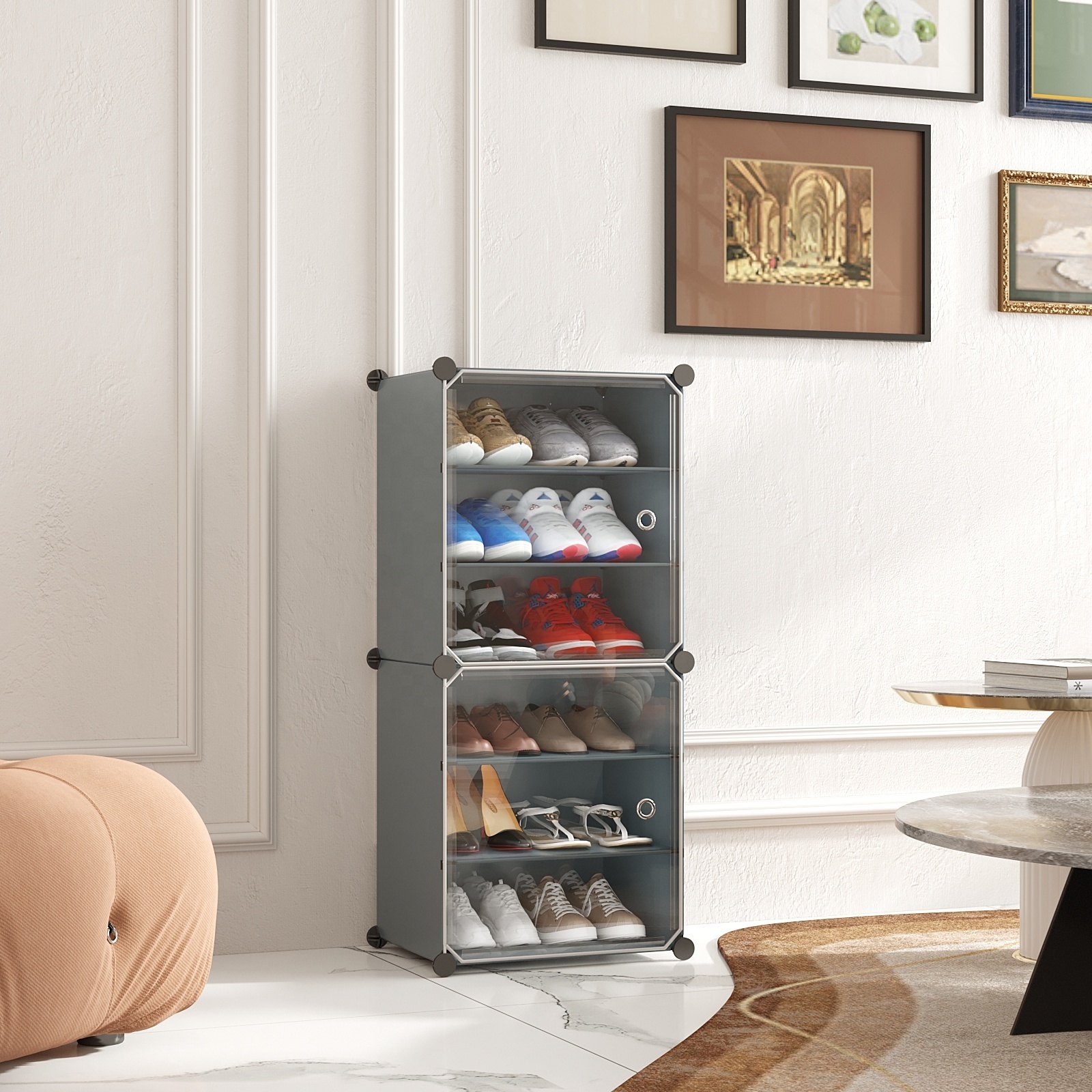 2 Door 6 Tier Free Standing  Plastic Shoe Storage Cabinet Adjustable Shoe Organizer