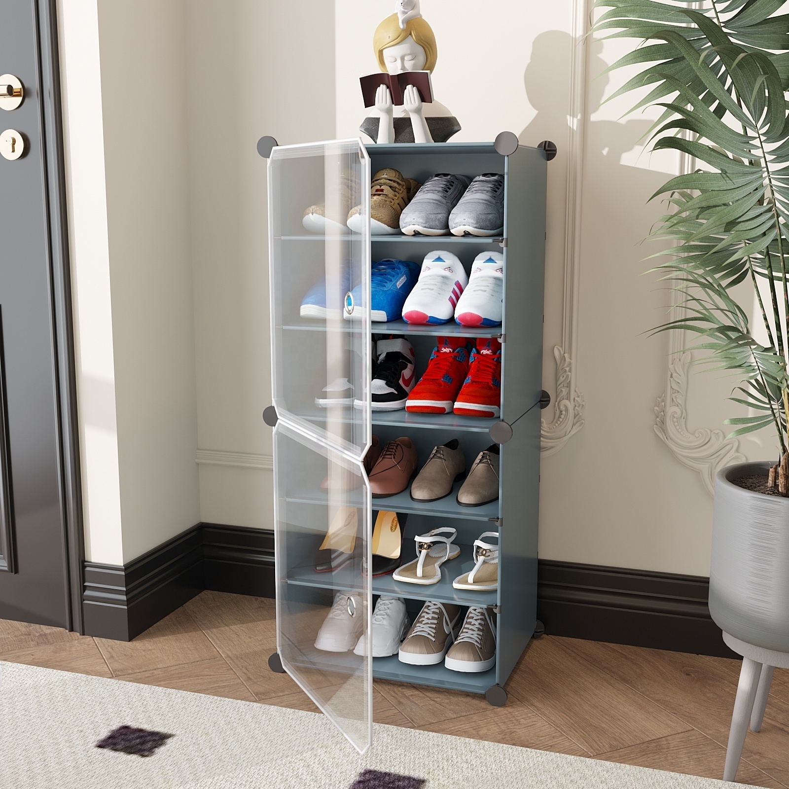 2 Door 6 Tier Free Standing  Plastic Shoe Storage Cabinet Adjustable Shoe Organizer