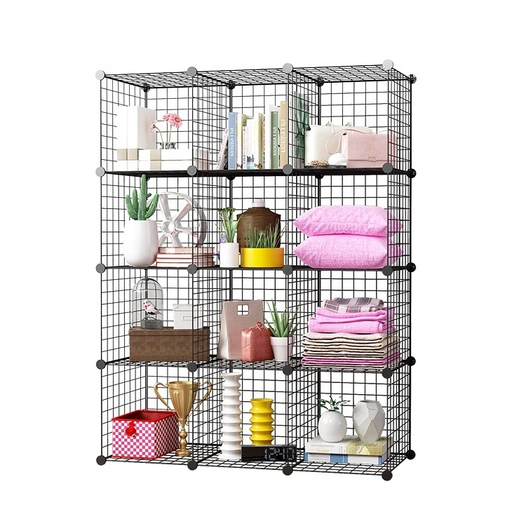 12  Cube Grid Wire Storage Shelves Black White Storage Cubes Modular Wire Shelving Units Stackable Bookcase DIY Closet Cabinet