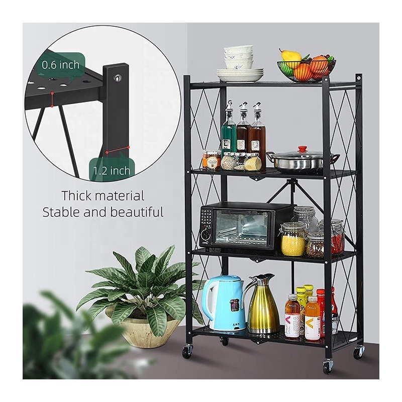 4-Shelf Foldable Metal Shelving Units, Folding Shelves for Storage with Wheels