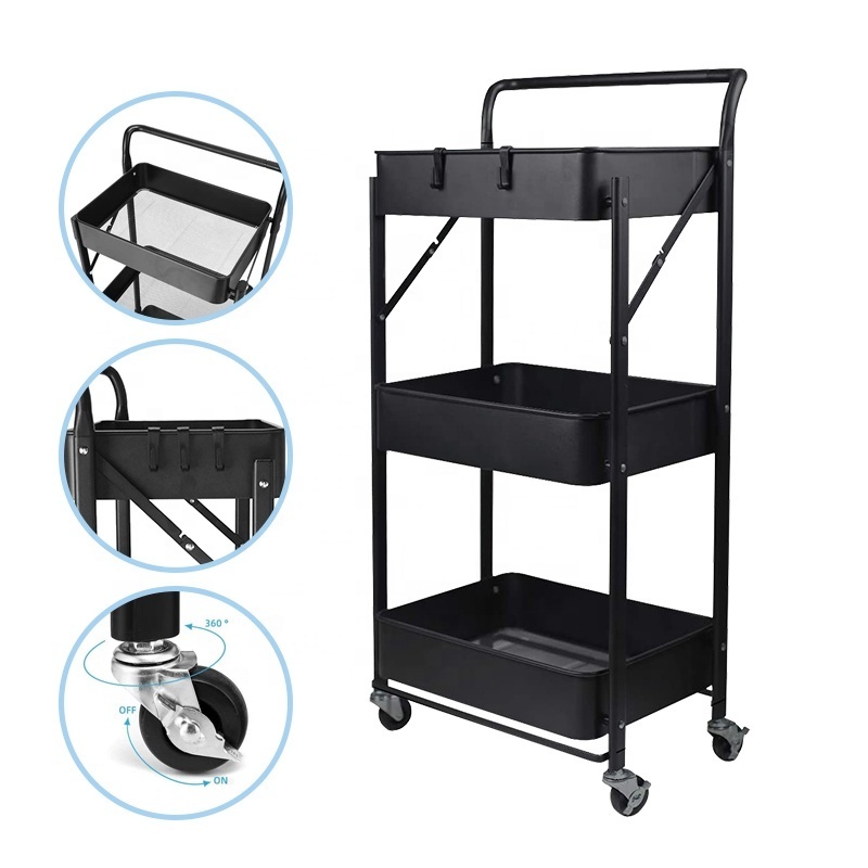 Multifunctional Storage Trolley Quick Folding Cart Organizer Bedroom Bathroom 3 Tier Slim Kitchen Trolley With Wheels