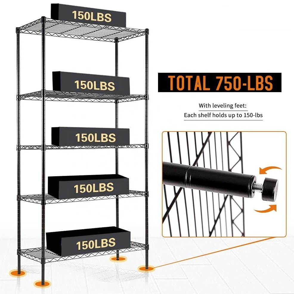 Wire Display Racks Powder Coated 5 Tier Metal Storage Shelves Wire Shelving Unit Durable Heavy Duty Wire Shelf