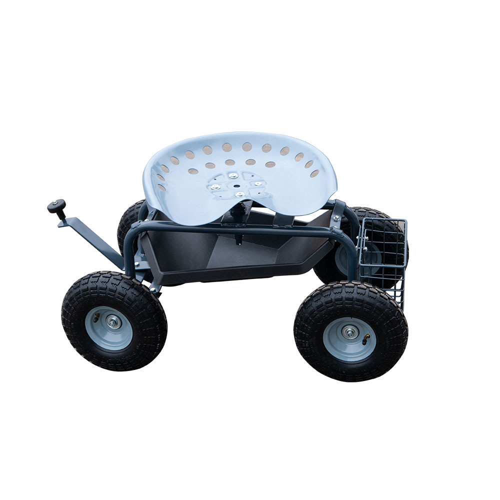 Garden Metal Planting Cart Rolling Work Seat with Extendable Steering Handle, Swivel Seat & Tool Tray