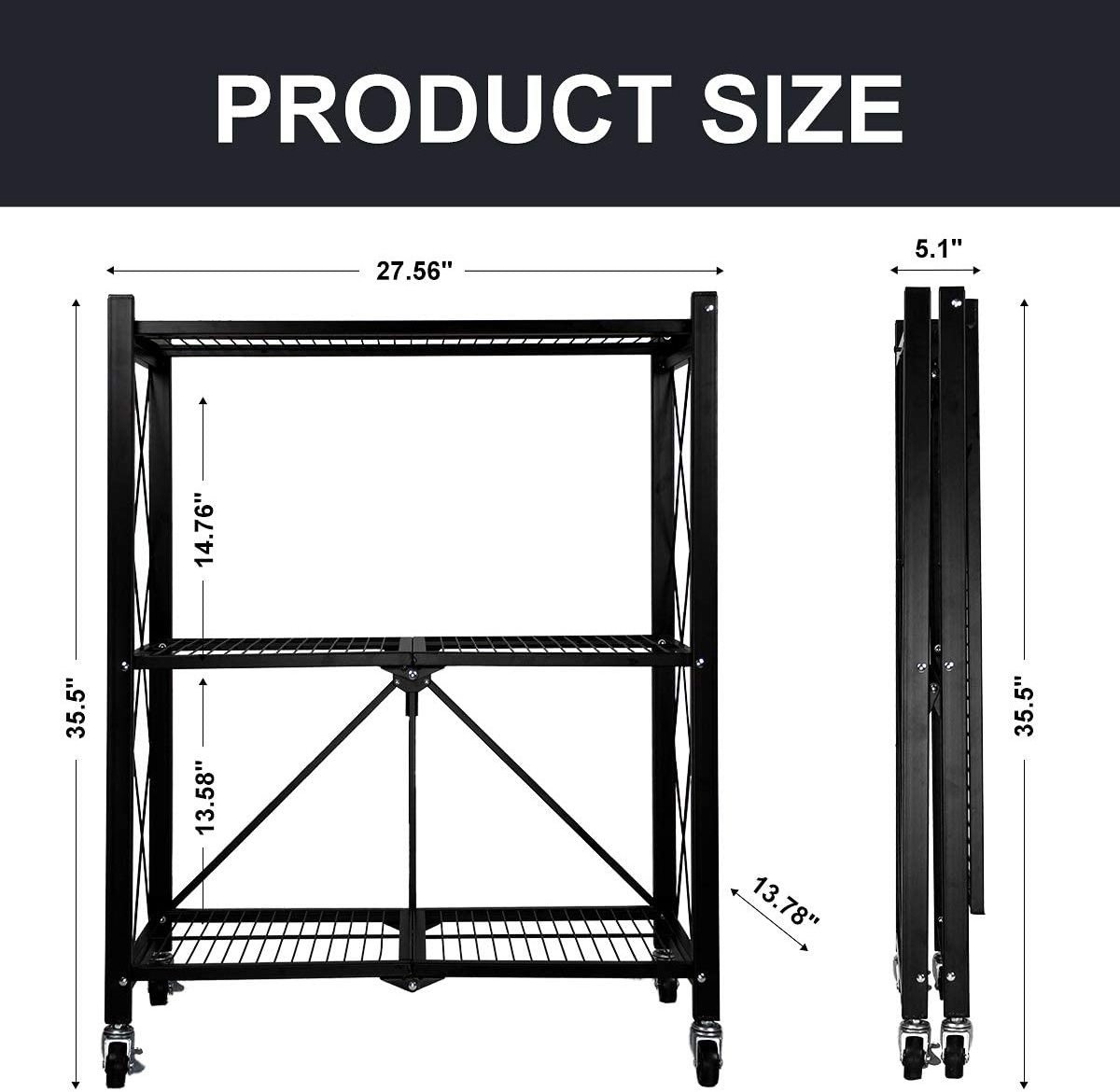 3-Shelf Collapsible/Foldable Heavy Duty Shelving Unit, Steel Organizer Wire Rack with Wheels, Rolling Cart, Home Kitchen Laundry