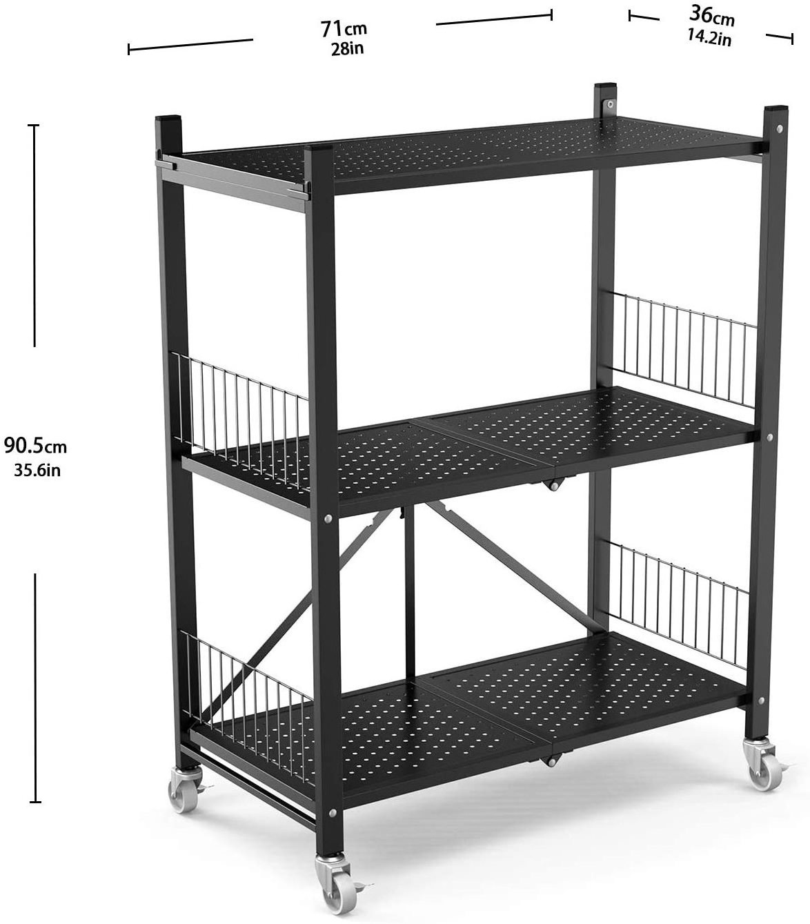 3-Shelf Collapsible/Foldable Heavy Duty Shelving Unit, Steel Organizer Wire Rack with Wheels, Rolling Cart, Home Kitchen Laundry