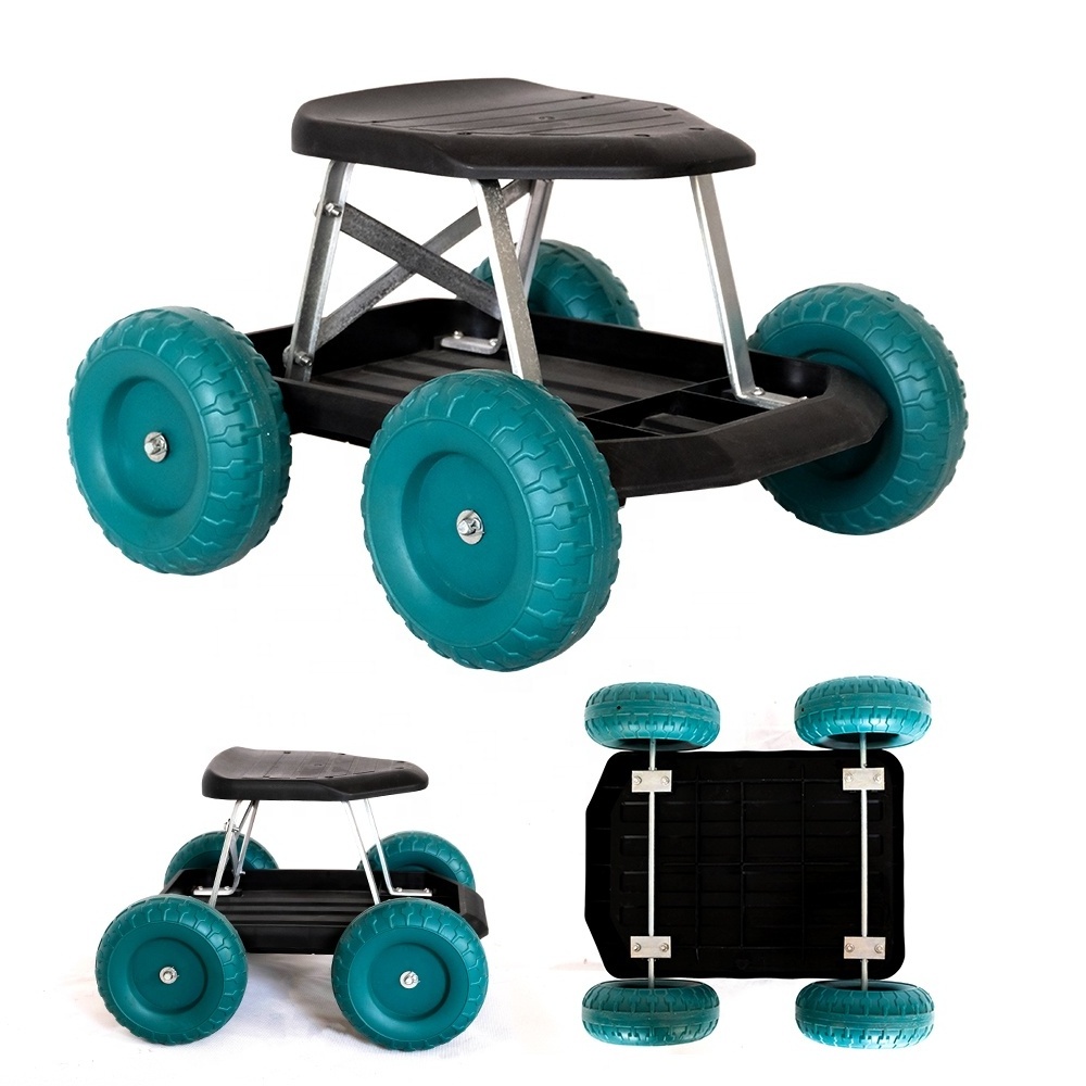 Lightweight Stackable Removable Plastic Garden Seat Cart Wheels Rolling Work Seat Garden Stool Cart With 4 Wheels