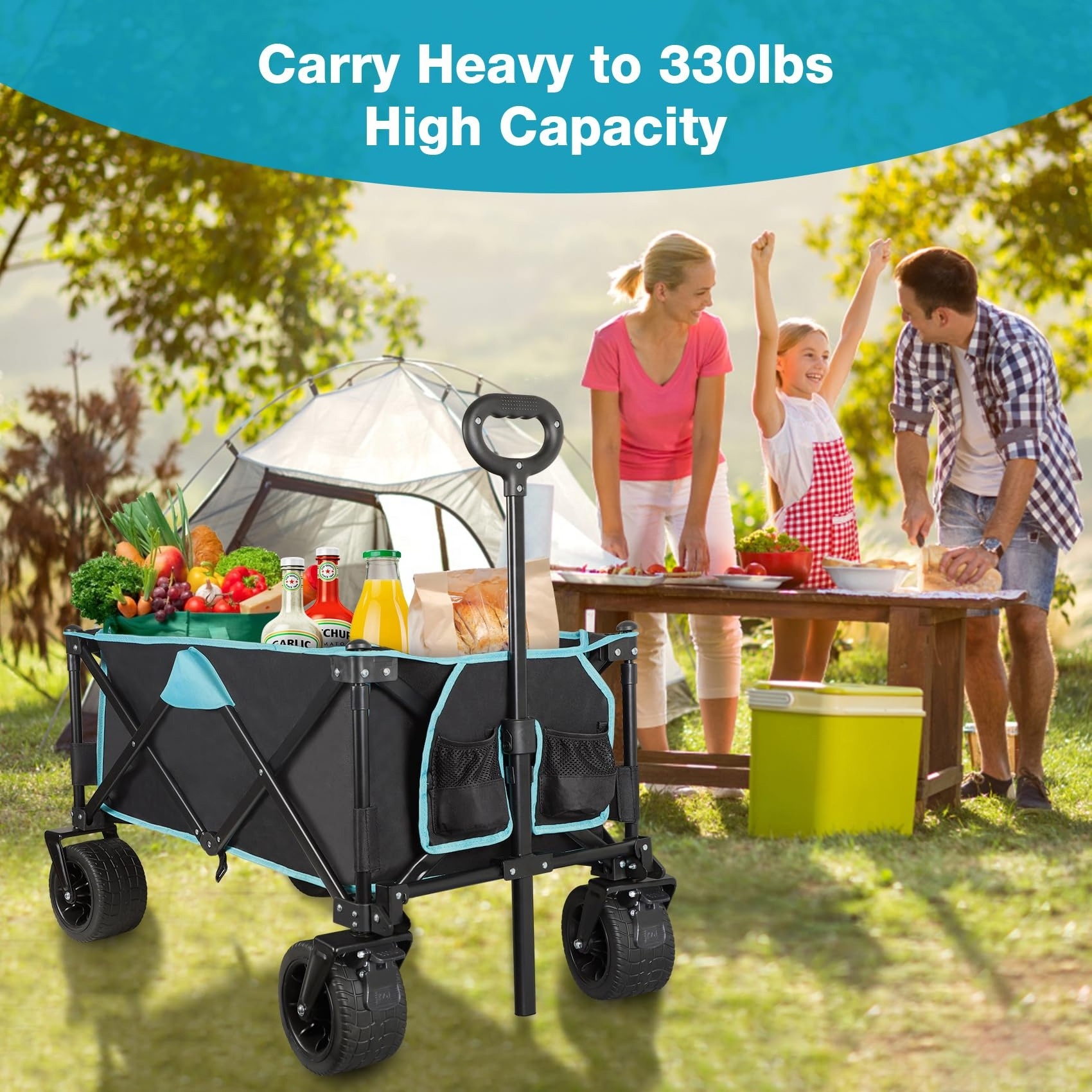 Adjustable Handle Metal Frame Portable Collapsible Utility Folding Camping Cart Garden Outdoor Wagon Foldable 4 Wheel