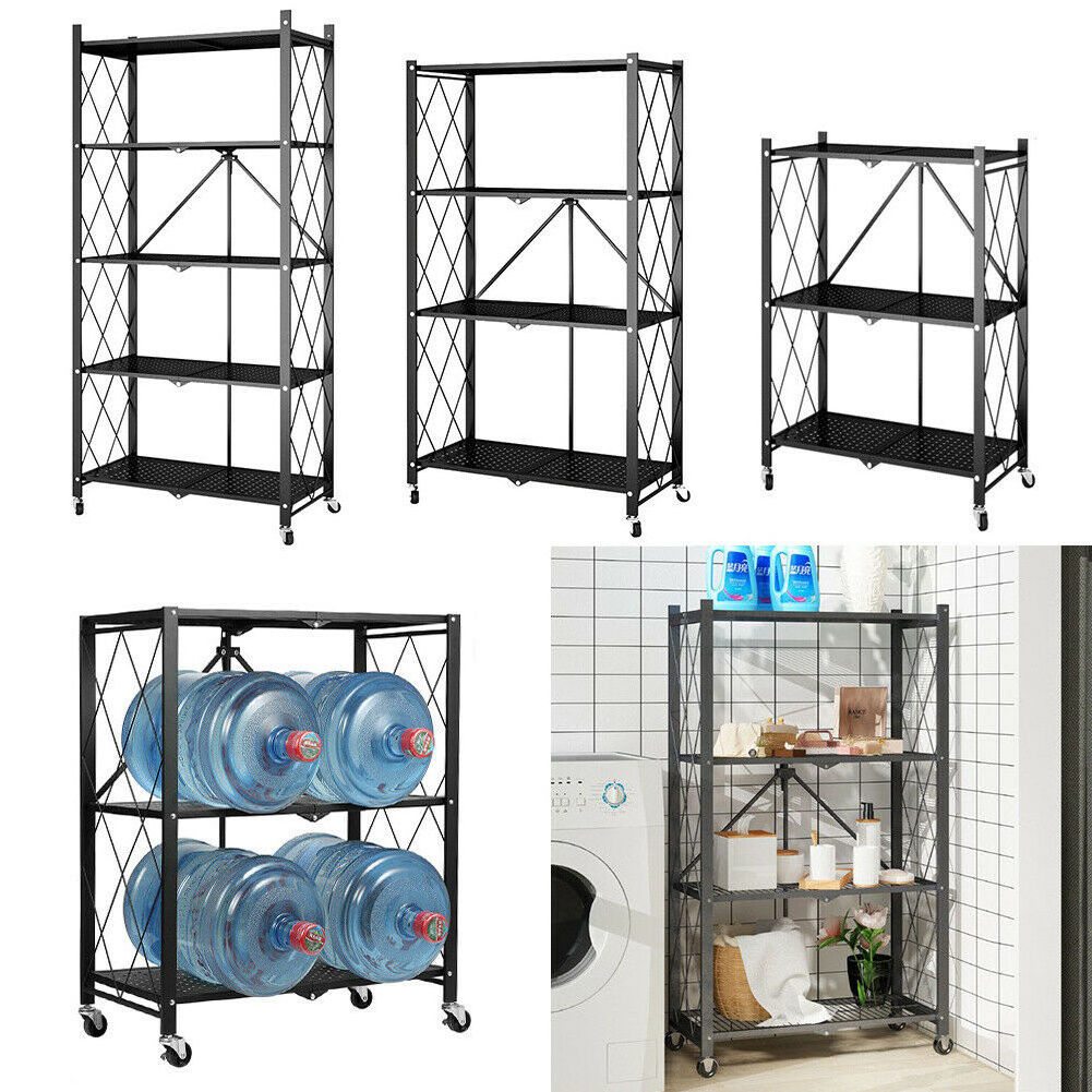 3/4/5 Tier Folding Shelf Metal Storage Rack Shelving Kitchen Home Unit Stand UK