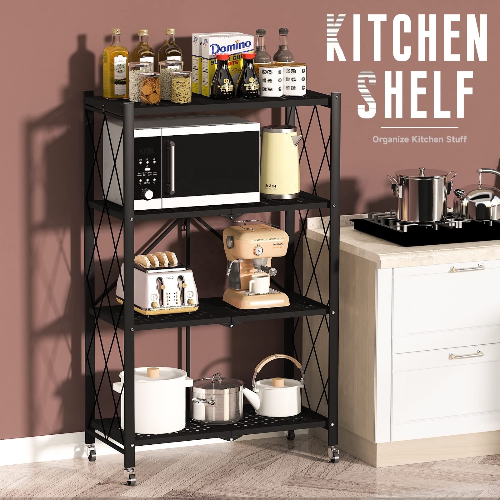 Steel Folding Kitchen Shelves Installation-Free Floor Standing Movable Storage Rack Foldable Kitchen Storage Shelf