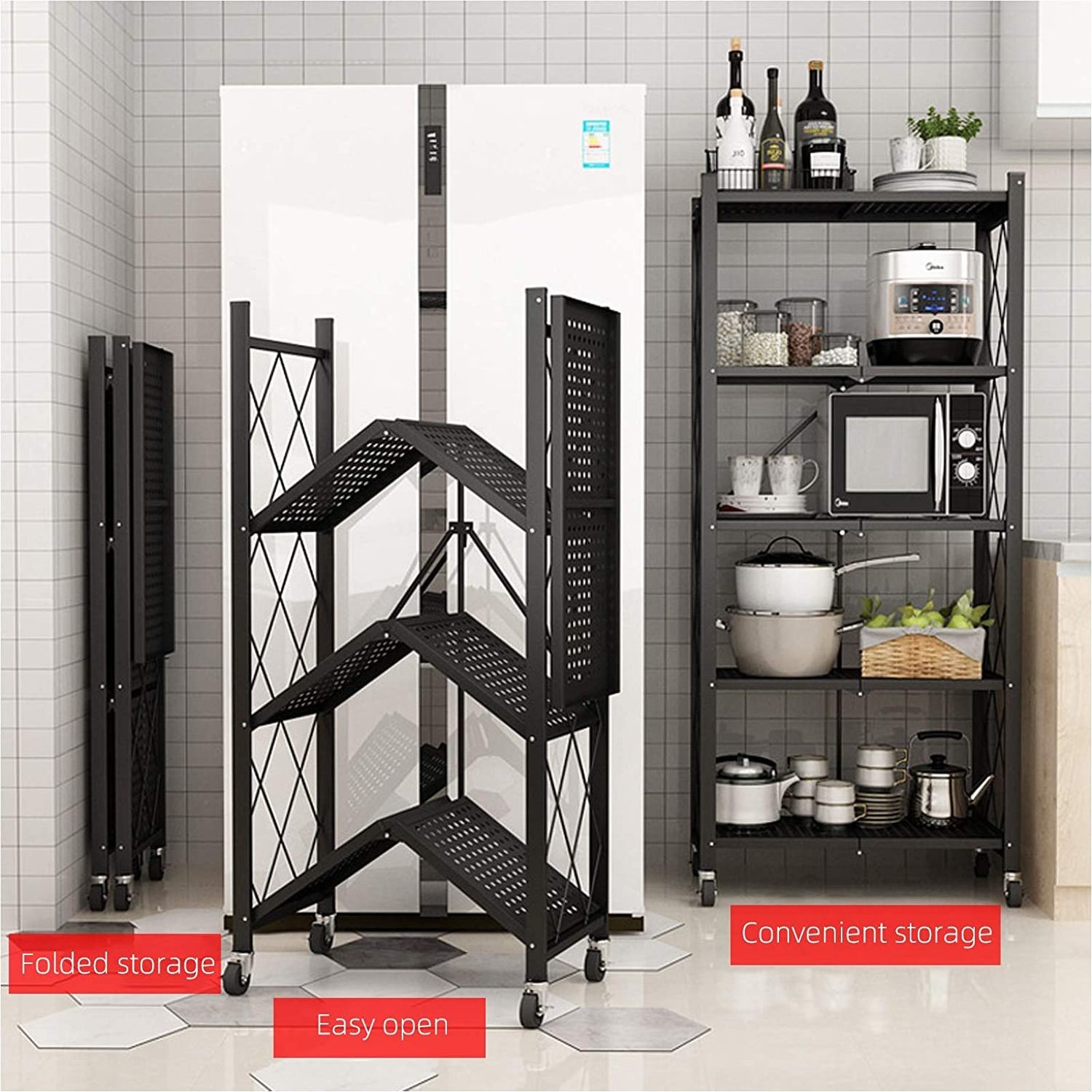 4-Shelf Foldable Metal Shelving Units, Folding Shelves for Storage with Wheels