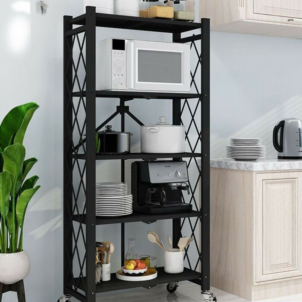 3/4/5 Tier Folding Shelf Metal Storage Rack Shelving Kitchen Home Unit Stand UK