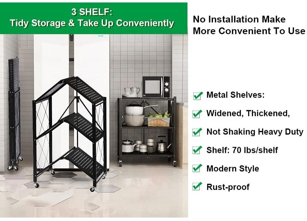 Folding storage rack home storage foldable kitchen display rack with wheels kitchen organizer shelf