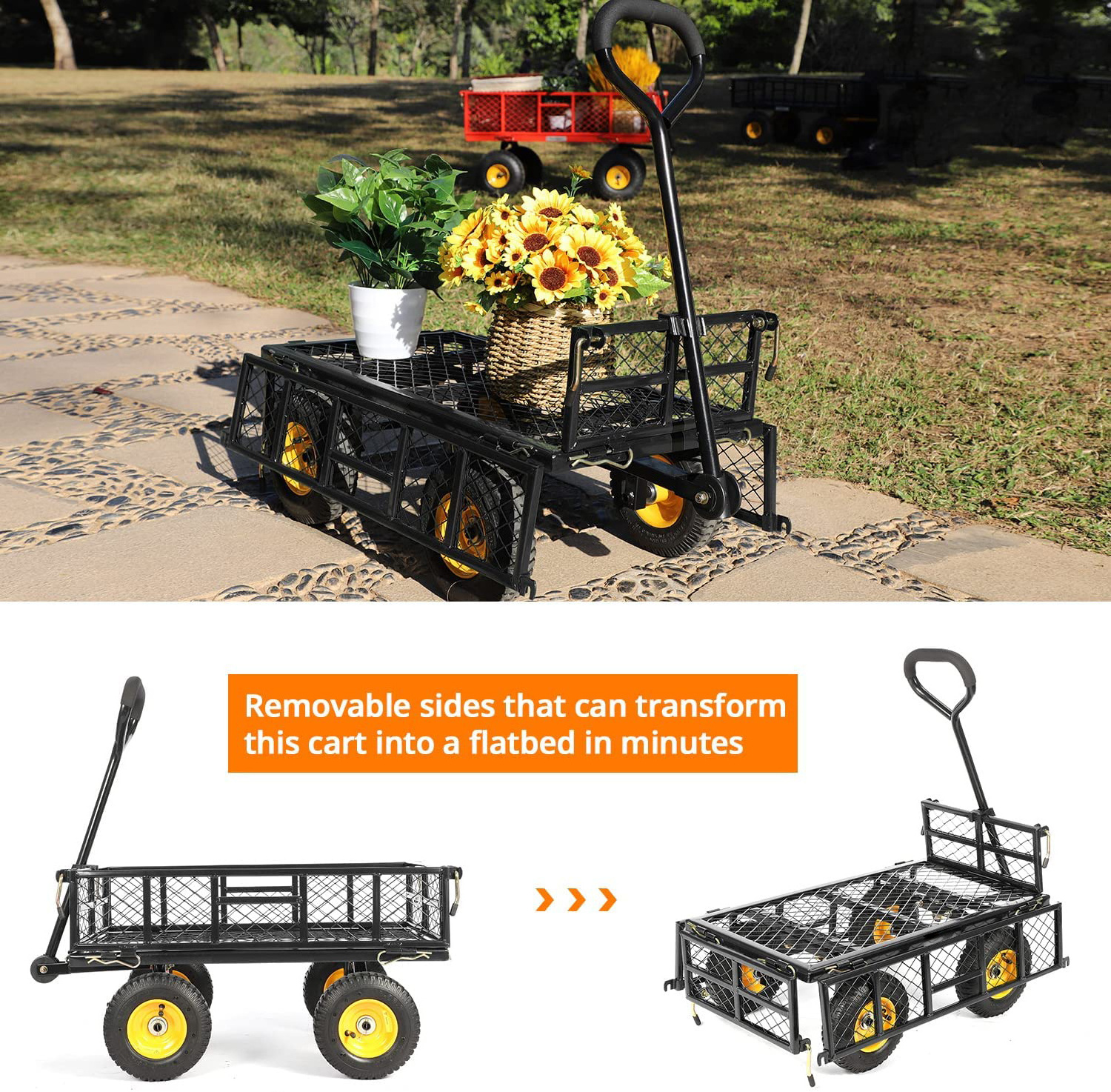 Steel Mesh Yard Garden Cart Wagon Trolley Heavy Duty Folding Steel Outdoor Beach Wagon Garden Tool Cart