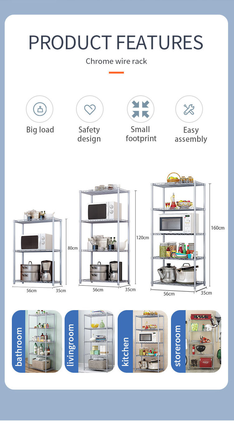 5 Tier Metal Storage Chrome Rack Shelf Kitchen Pantry Utility Shelf Display Adjustable Wire Chrome Shelf