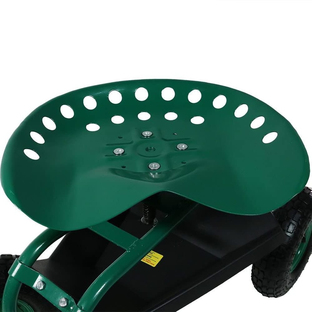 Garden Metal Planting Cart Rolling Work Seat with Extendable Steering Handle, Swivel Seat & Tool Tray