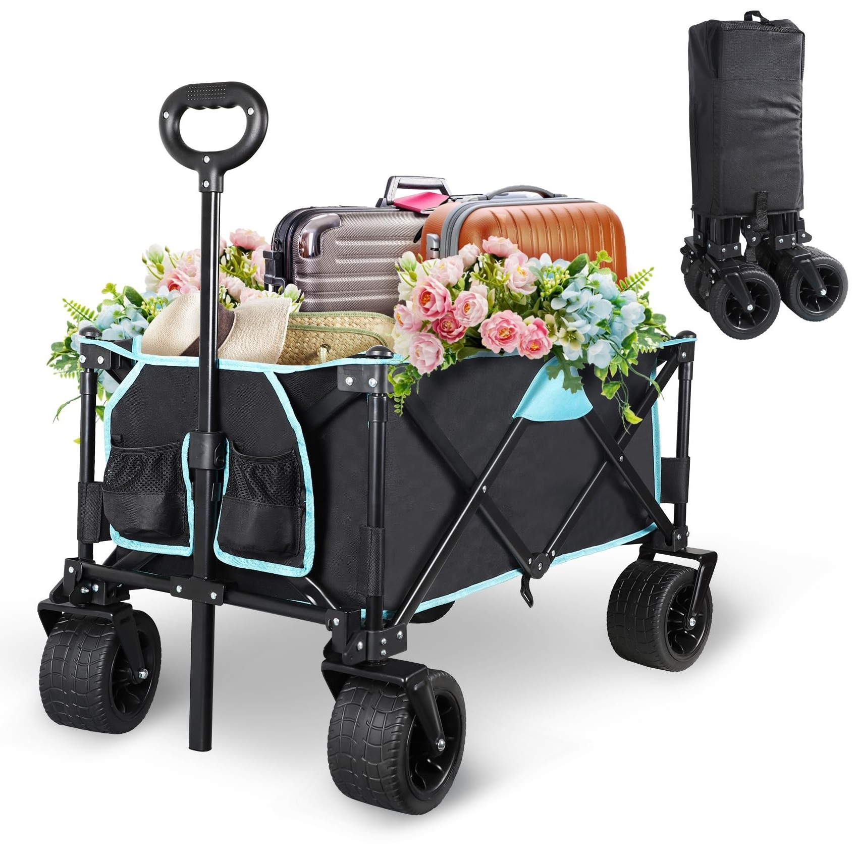 Adjustable Handle Metal Frame Portable Collapsible Utility Folding Camping Cart Garden Outdoor Wagon Foldable 4 Wheel