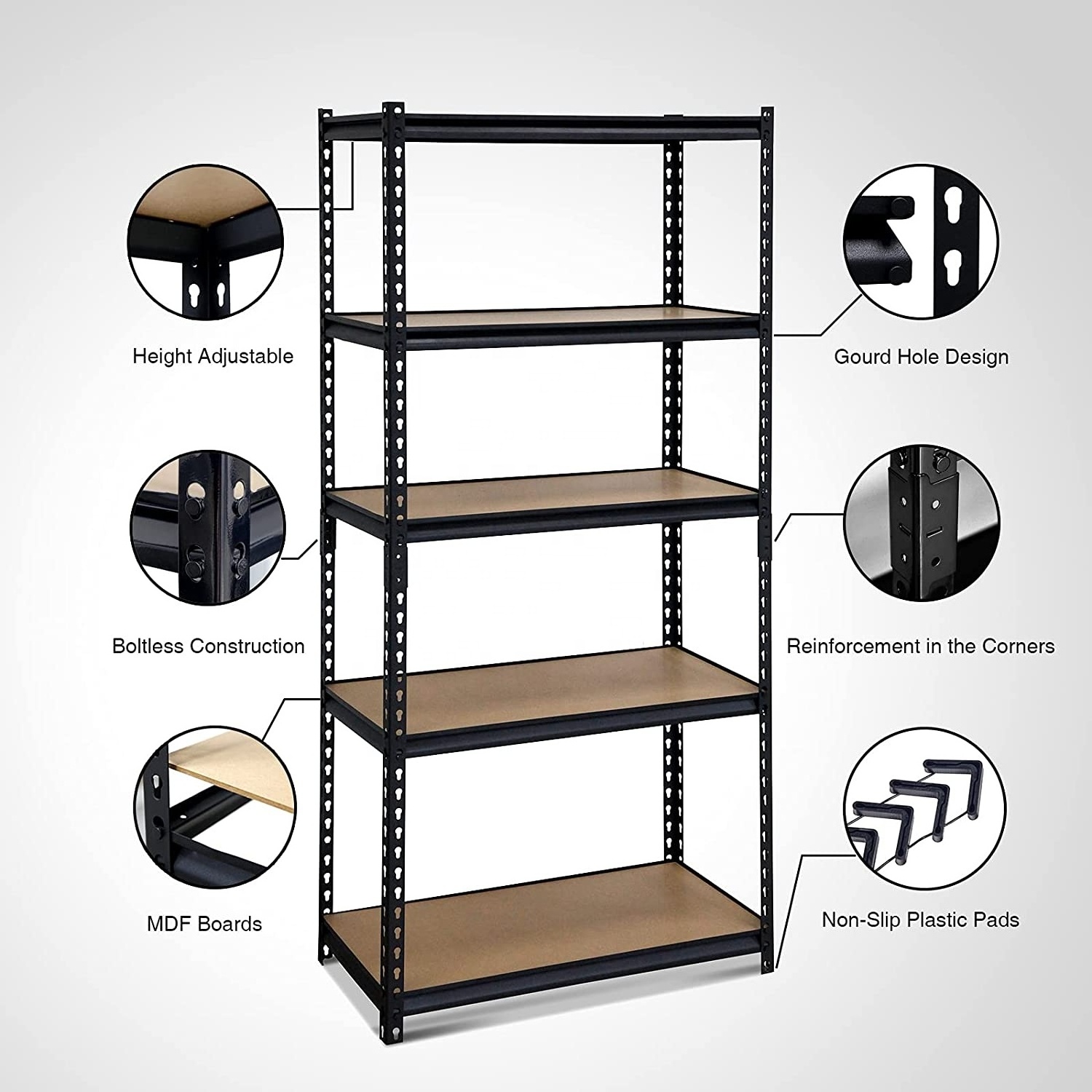 5-Tier Storage Shelves Heavy Duty Steel Frame Muscle Rack Garage Shelf Adjustable Shelves Boltless Shelving Unit