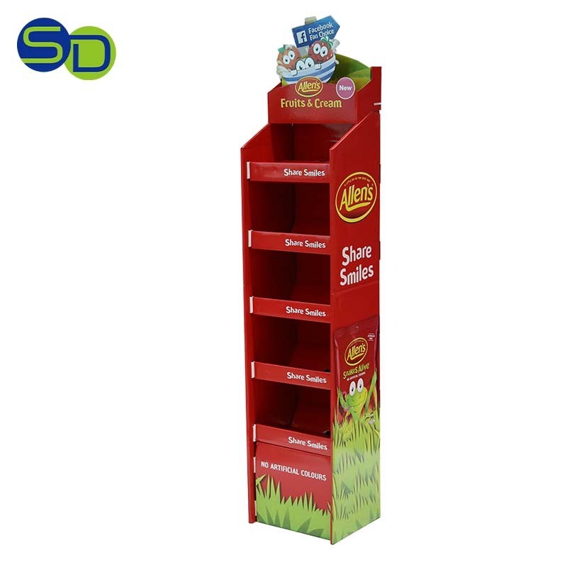 Custom retail candy bags cardboard stand cardboard floor tea display pop up cardboard free standing display shelf for food