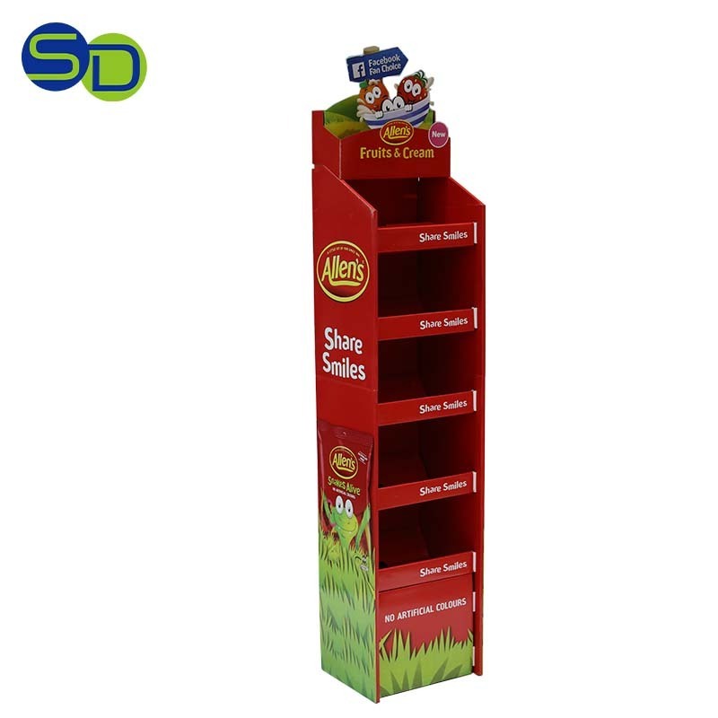 Custom retail candy bags cardboard stand cardboard floor tea display pop up cardboard free standing display shelf for food