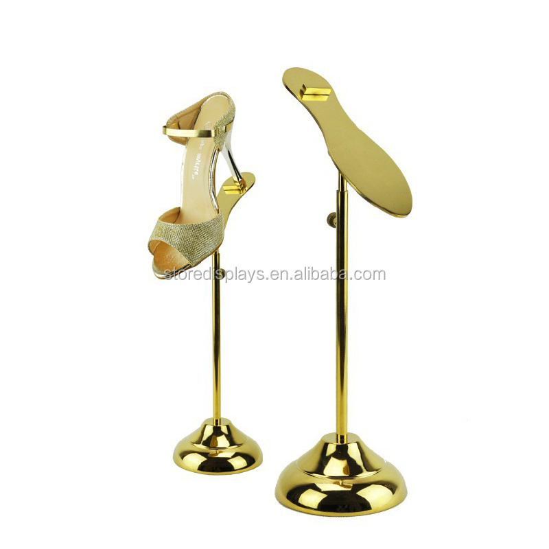 Polished Gold Shoe Store Display Racks, Retail Shoe Display Rack Stand, Shoe Display Ideas