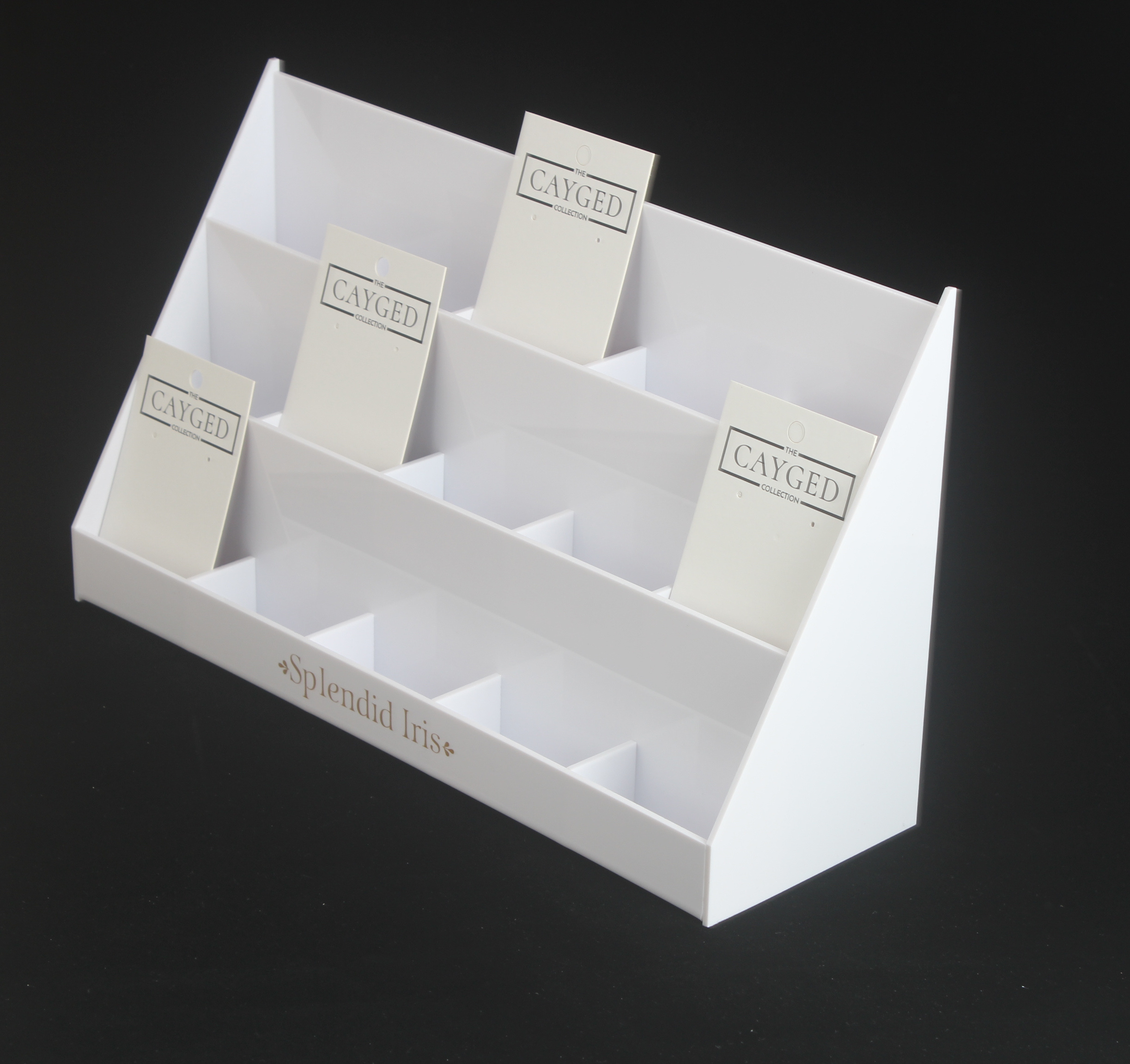 The acrylic jewelry cards display stand is a clear, transparent stand used to showcase jewelry cards.