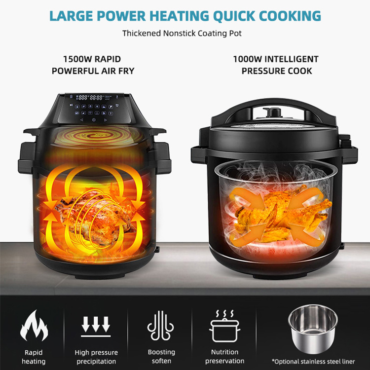 Factory Price Heat Preservation 6L Multifcooker Vacuum 1000W 1500W 2 In 1 Air Fryer Electric Pressure Cooker