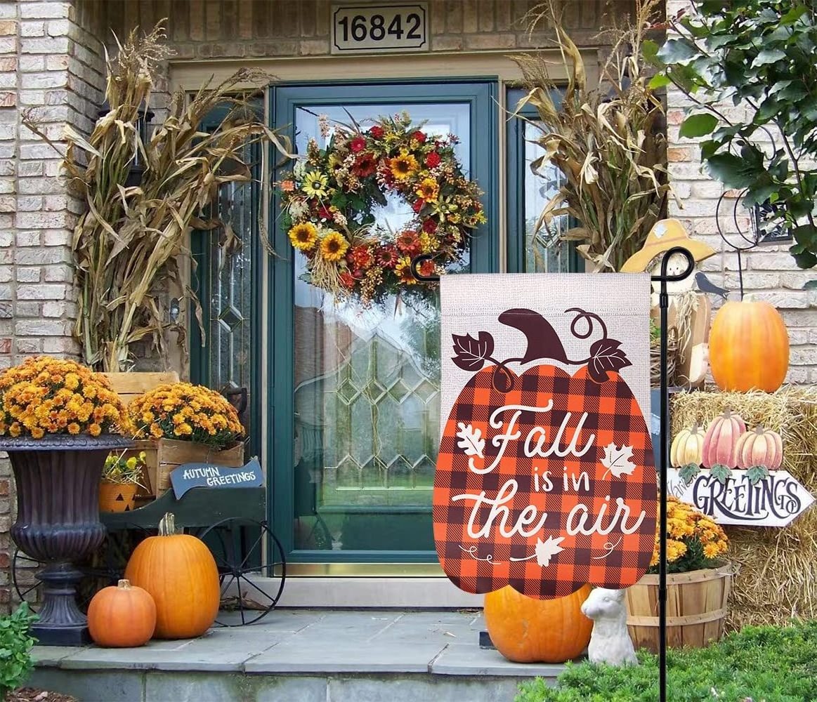 12x18IN Double Sided Vertical 3D Pumpkin Fall Buffalo Plaid Applique Burlap Garden Flags For Fall Decorations