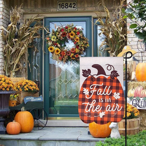 12x18IN Double Sided Vertical 3D Pumpkin Fall Buffalo Plaid Applique Burlap Garden Flags For Fall Decorations