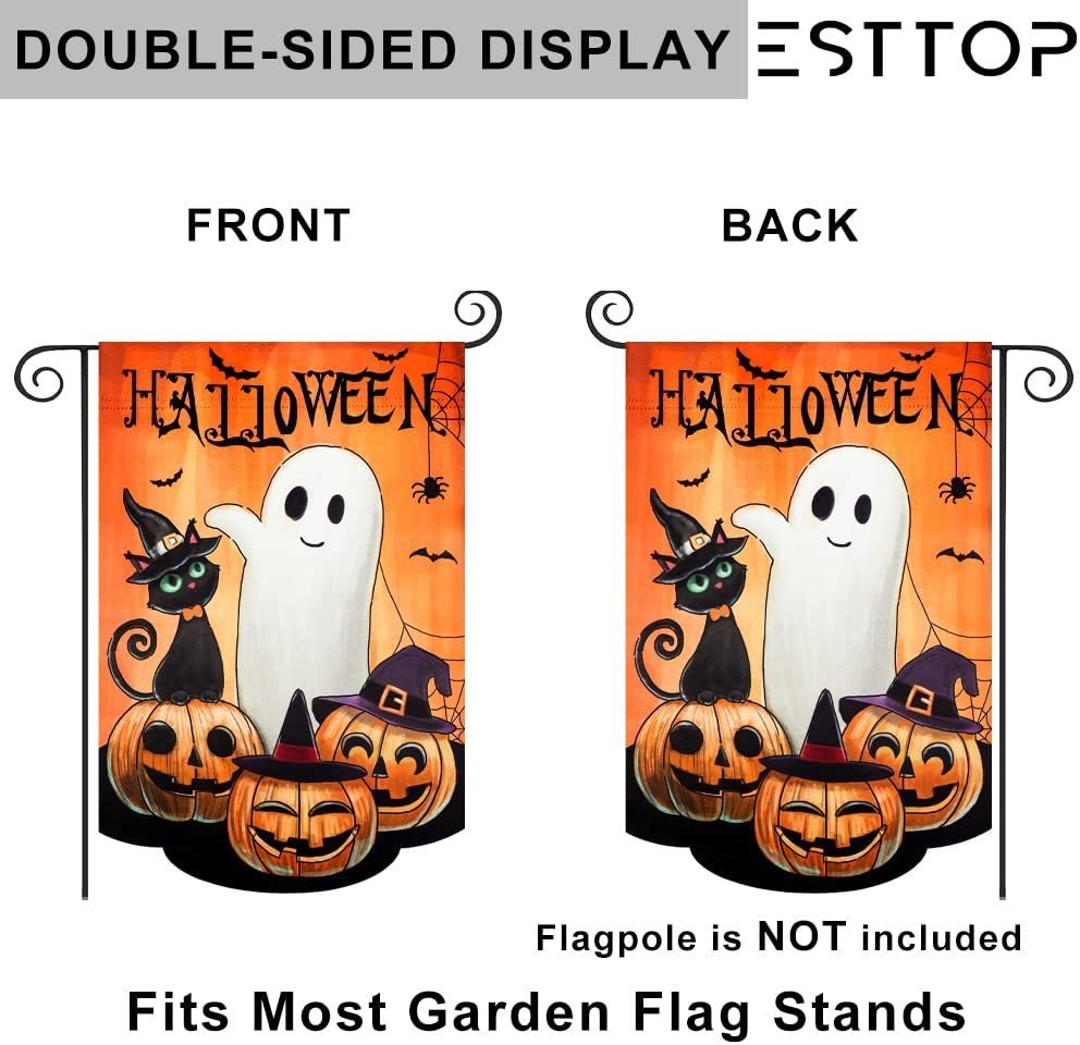 12x18 Inch Double Sided Spooky Ghost Applique Black Cat 3D Halloween Burlap Garden Flags For Holiday Seasonal Outside Decoration