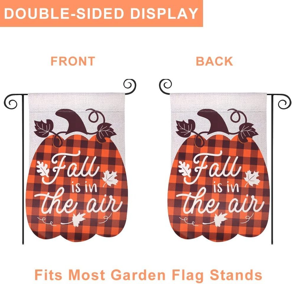 12x18IN Double Sided Vertical 3D Pumpkin Fall Buffalo Plaid Applique Burlap Garden Flags For Fall Decorations