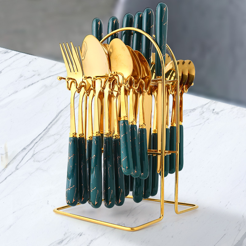 High quality 24 pcs gift gold flatware set ceramic handle stainless steel cutlery with holder