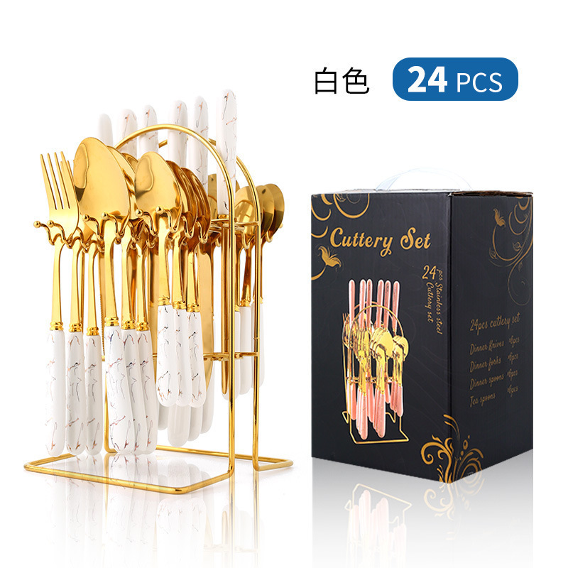 High quality 24 pcs gift gold flatware set ceramic handle stainless steel cutlery with holder